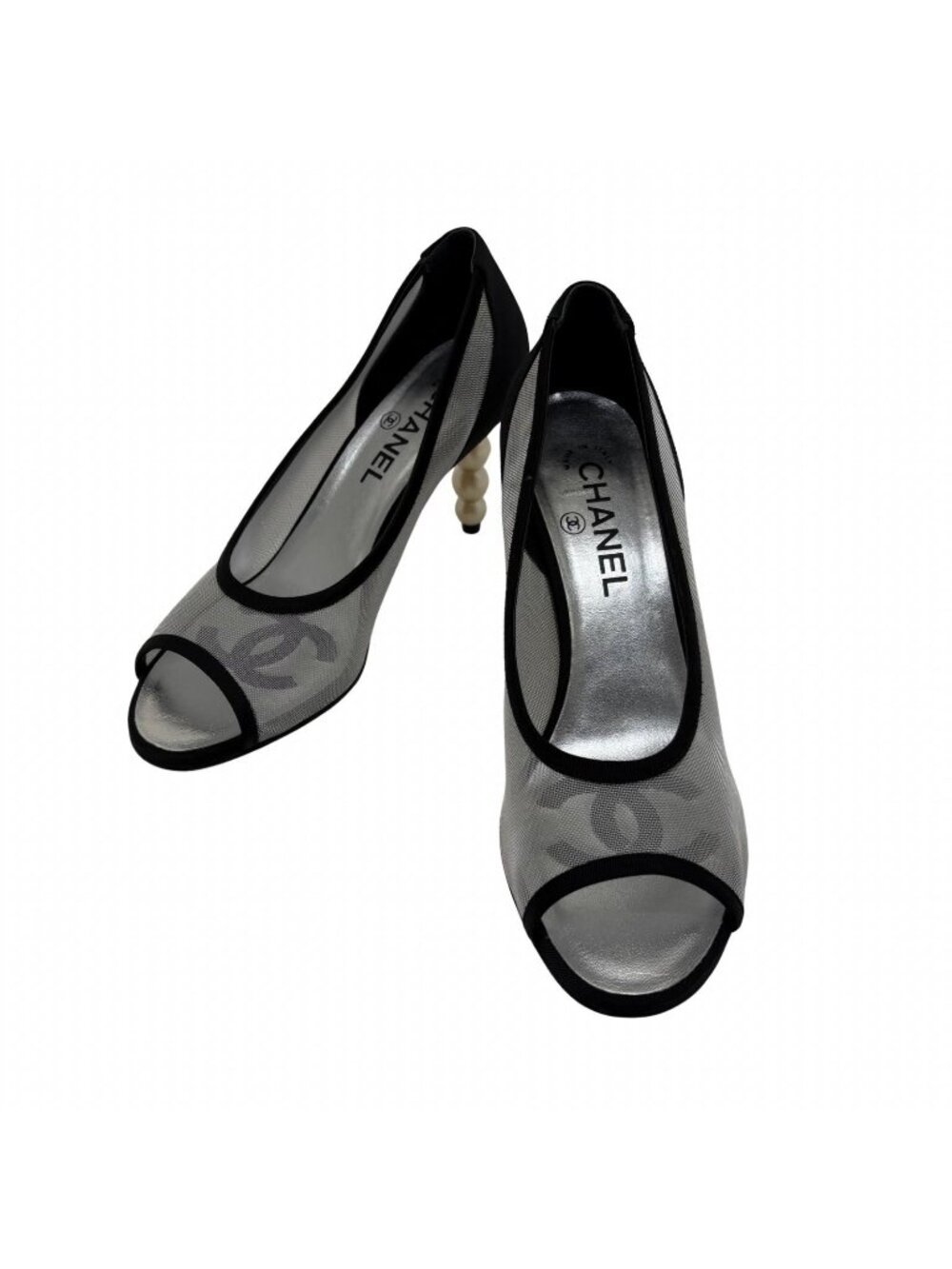 Chanel Open Toe Pearl Pumps Black Mesh Fabric Heels